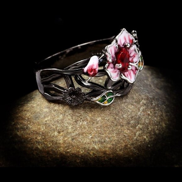 Jewelry ring band flower floral pink red stone black fashion beautiful new - Picture 4 of 5